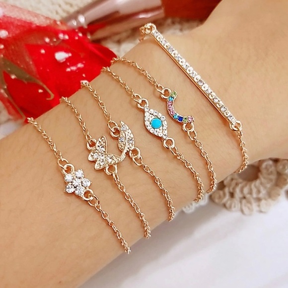 Jewelry - Rainbow Butterfly Flower Charm Gold Bracelet Set